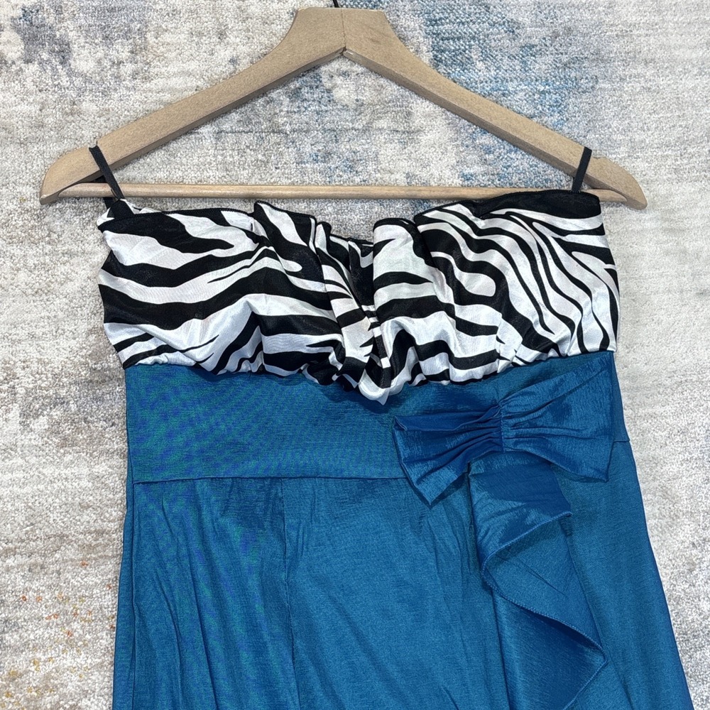 Vintage Y2K La Scala Strapless Maxi Dress XL Zebra Blue Bow Maximalist Prom‎